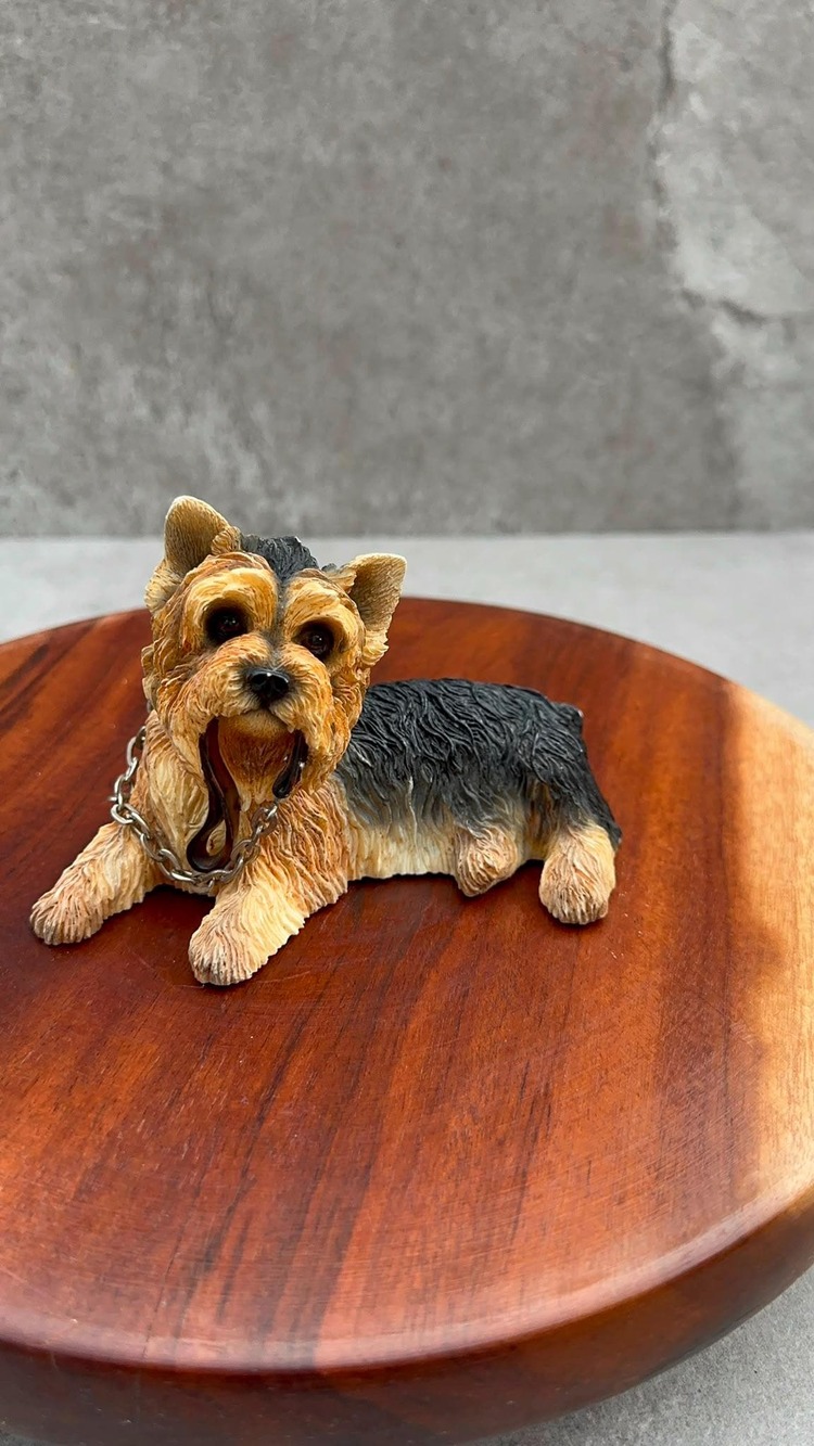 Vintage Yorkshire Terrier Figurine with Metal Chain Collar Leash | Collectible D
